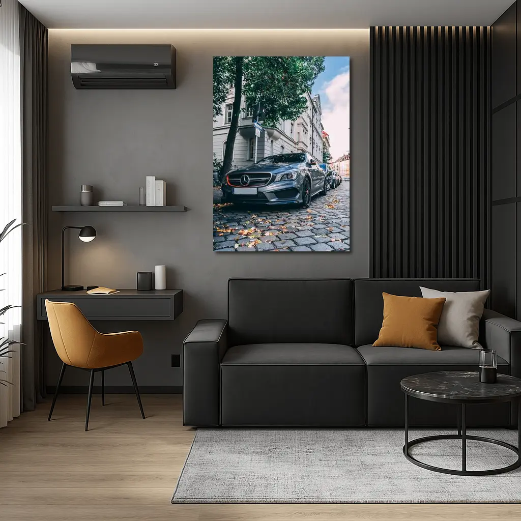 Mercedes CLA Parked on European Cobblestone Street – Wall Art