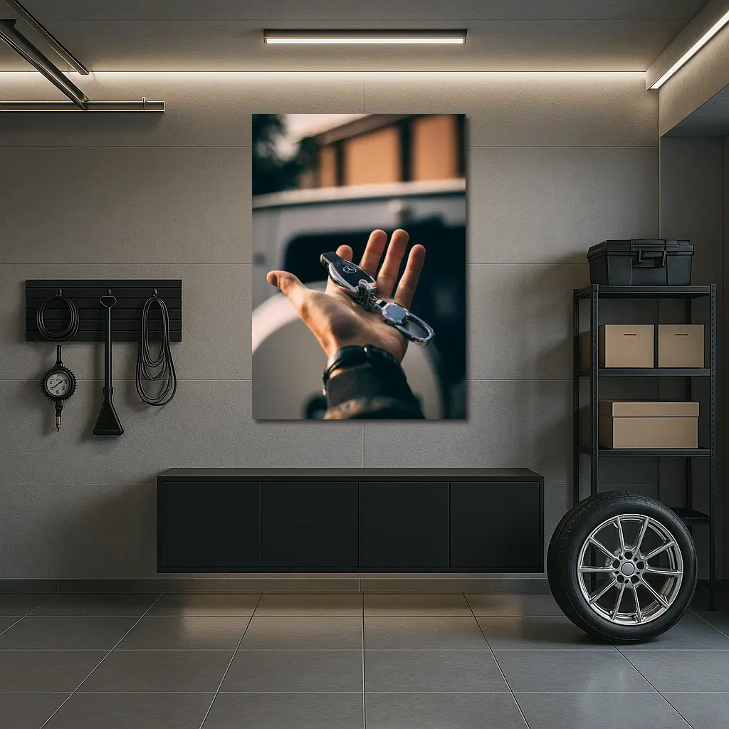Mercedes Key Held in Hand Outdoors – Wall Art
