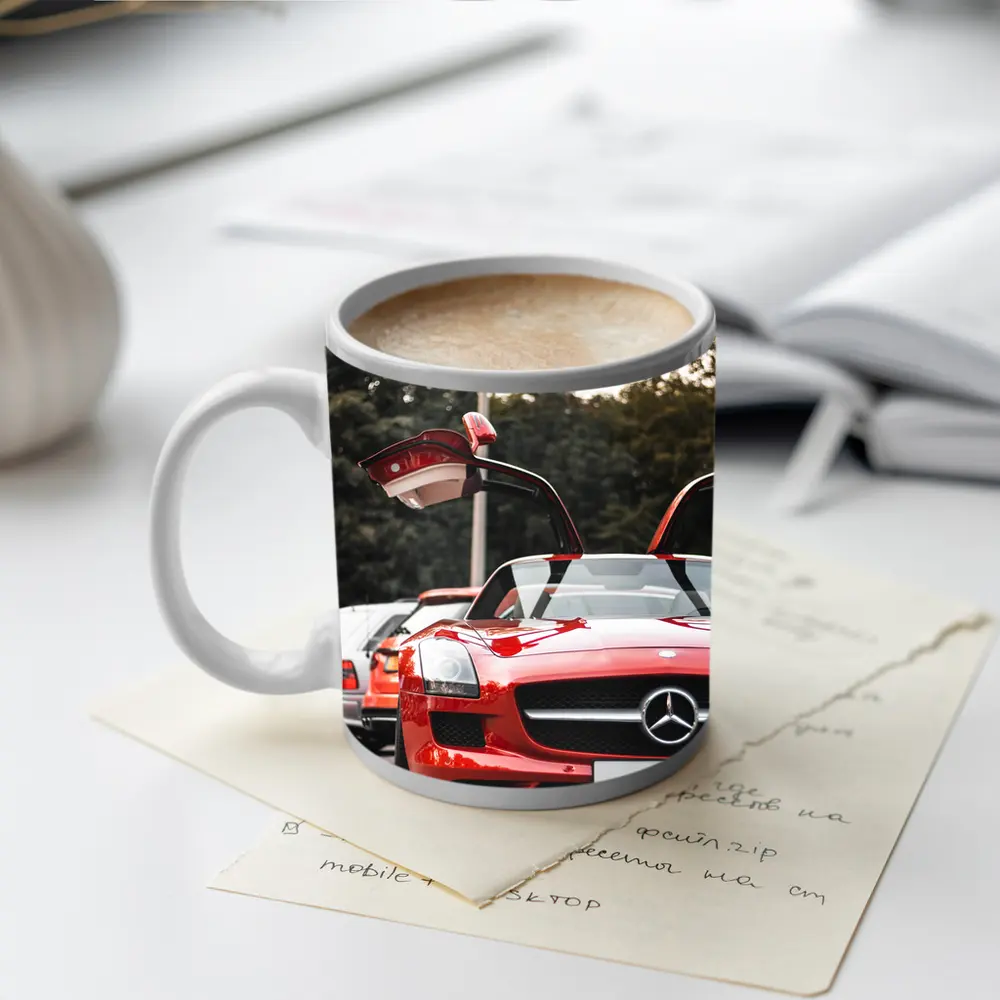 Red Mercedes SLS AMG Gullwing Doors Open – Mugs