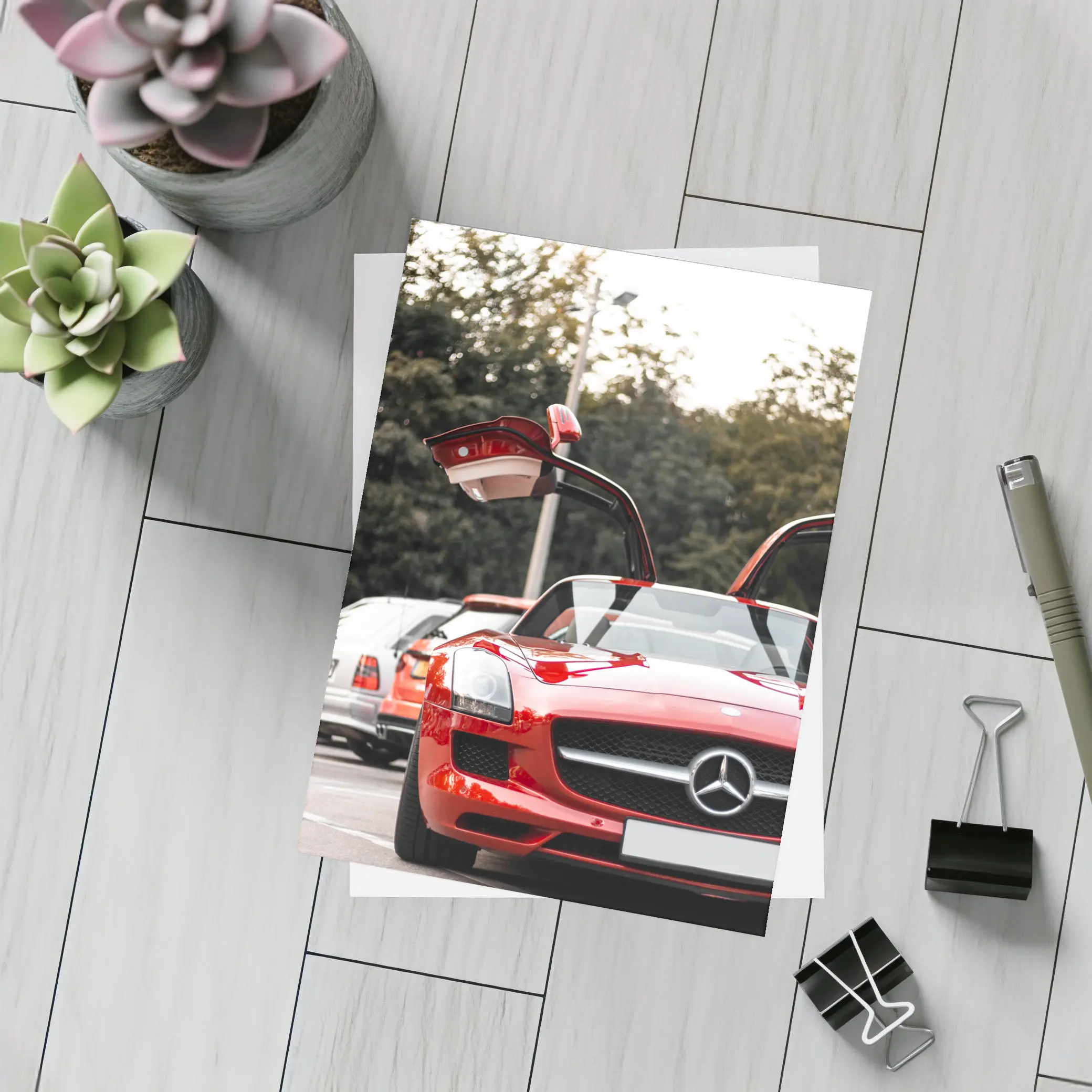 Red Mercedes SLS AMG Gullwing Doors Open – Postcards
