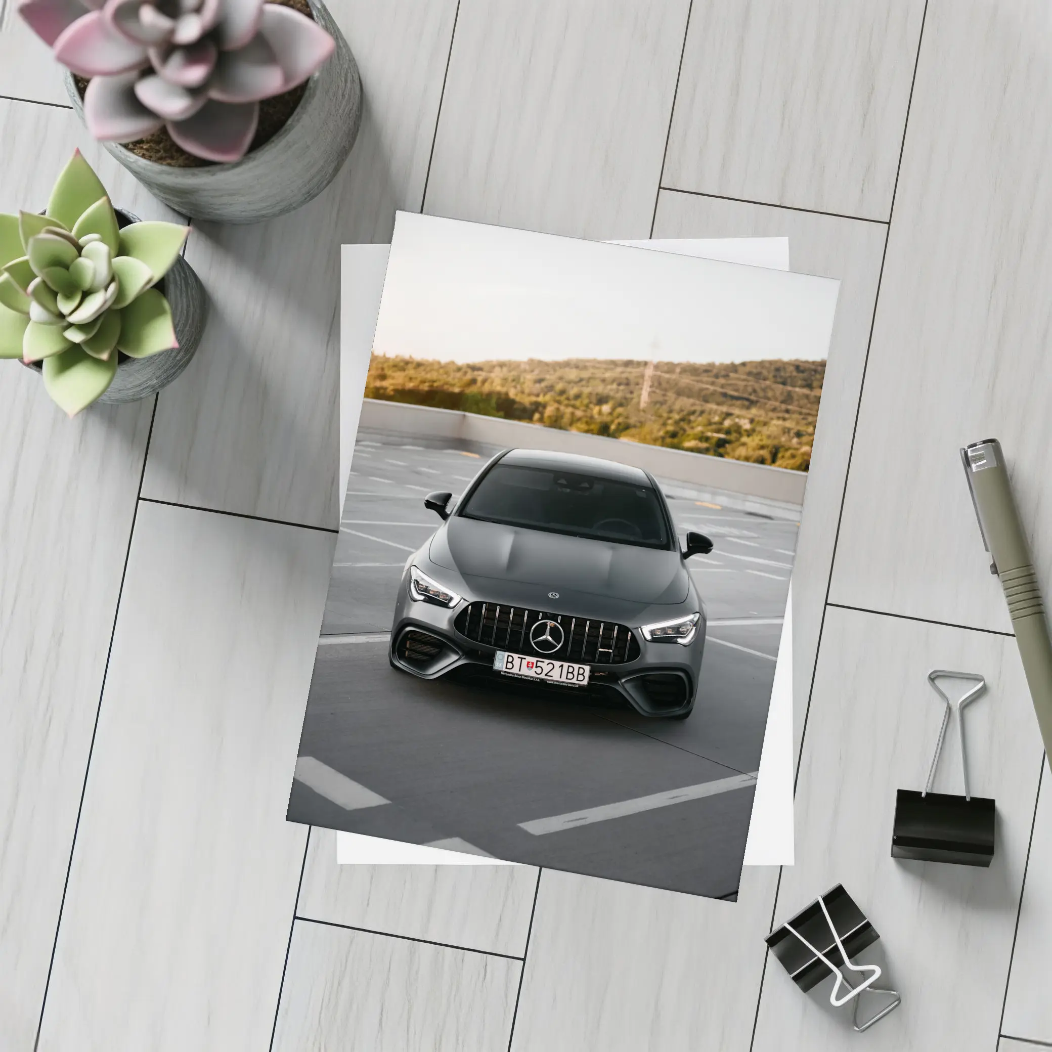 Mercedes AMG Gray Sedan Rooftop Parking – Postcards