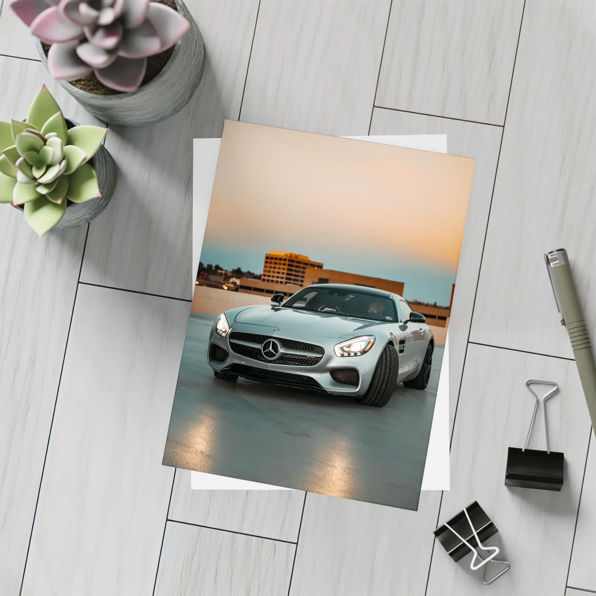 Mercedes AMG GT Silver Rooftop Sunset – Postcards