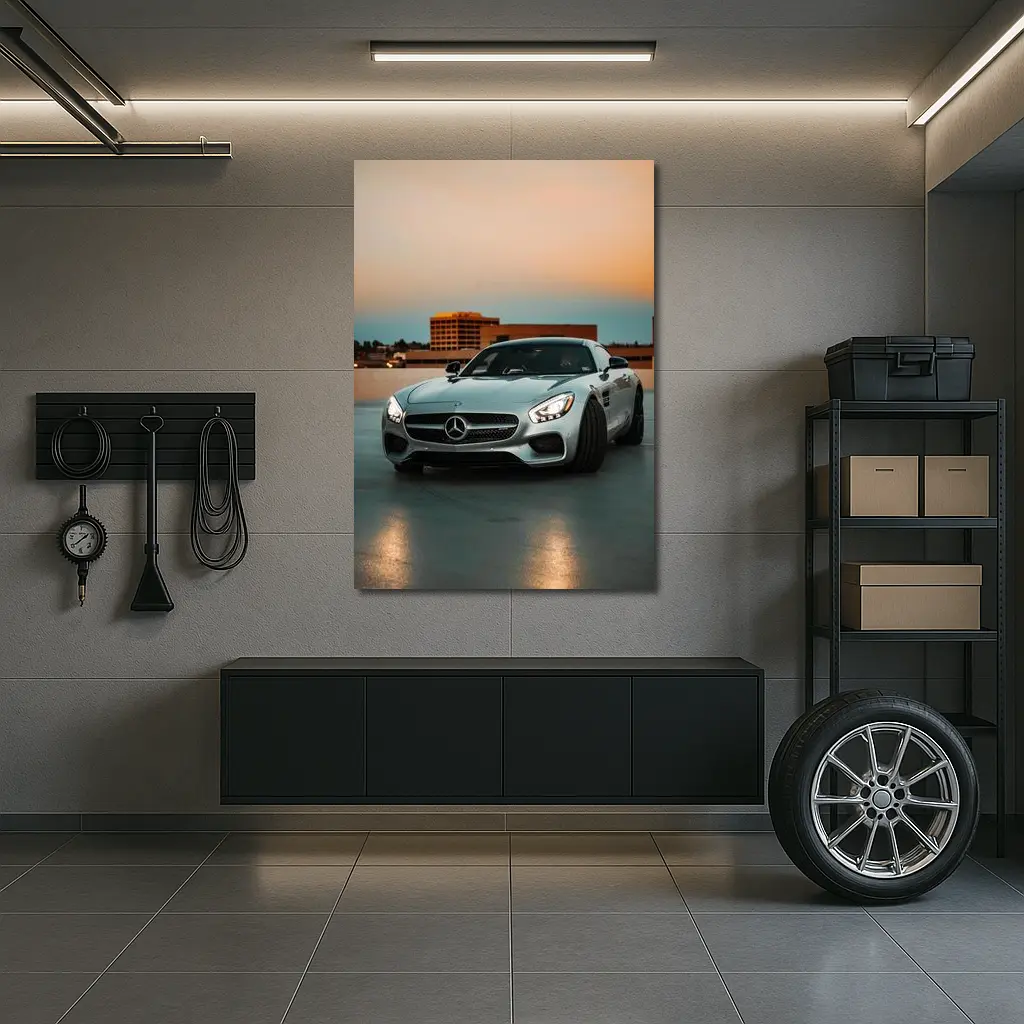 Mercedes AMG GT Silver Rooftop Sunset – Wall Art