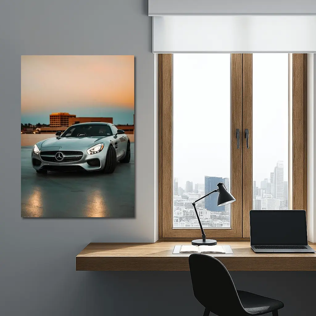 Mercedes AMG GT Silver Rooftop Sunset – Wall Art
