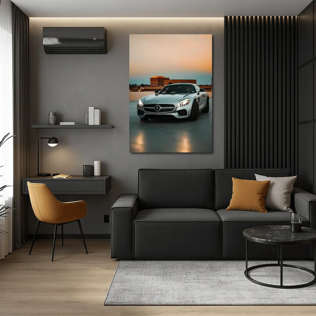 Mercedes AMG GT Silver Rooftop Sunset – Wall Art