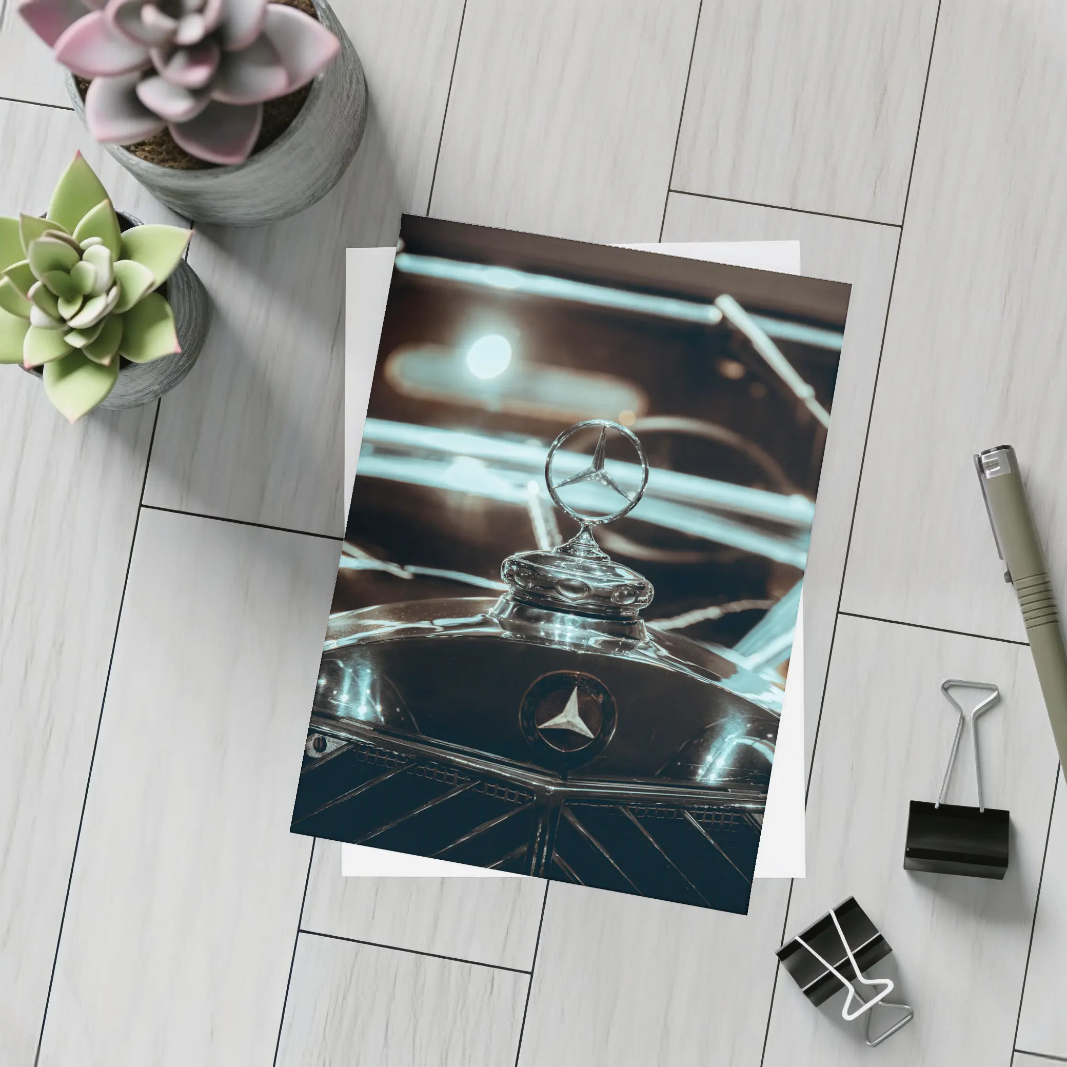 Mercedes Classic Hood Ornament Dark Background – Postcards