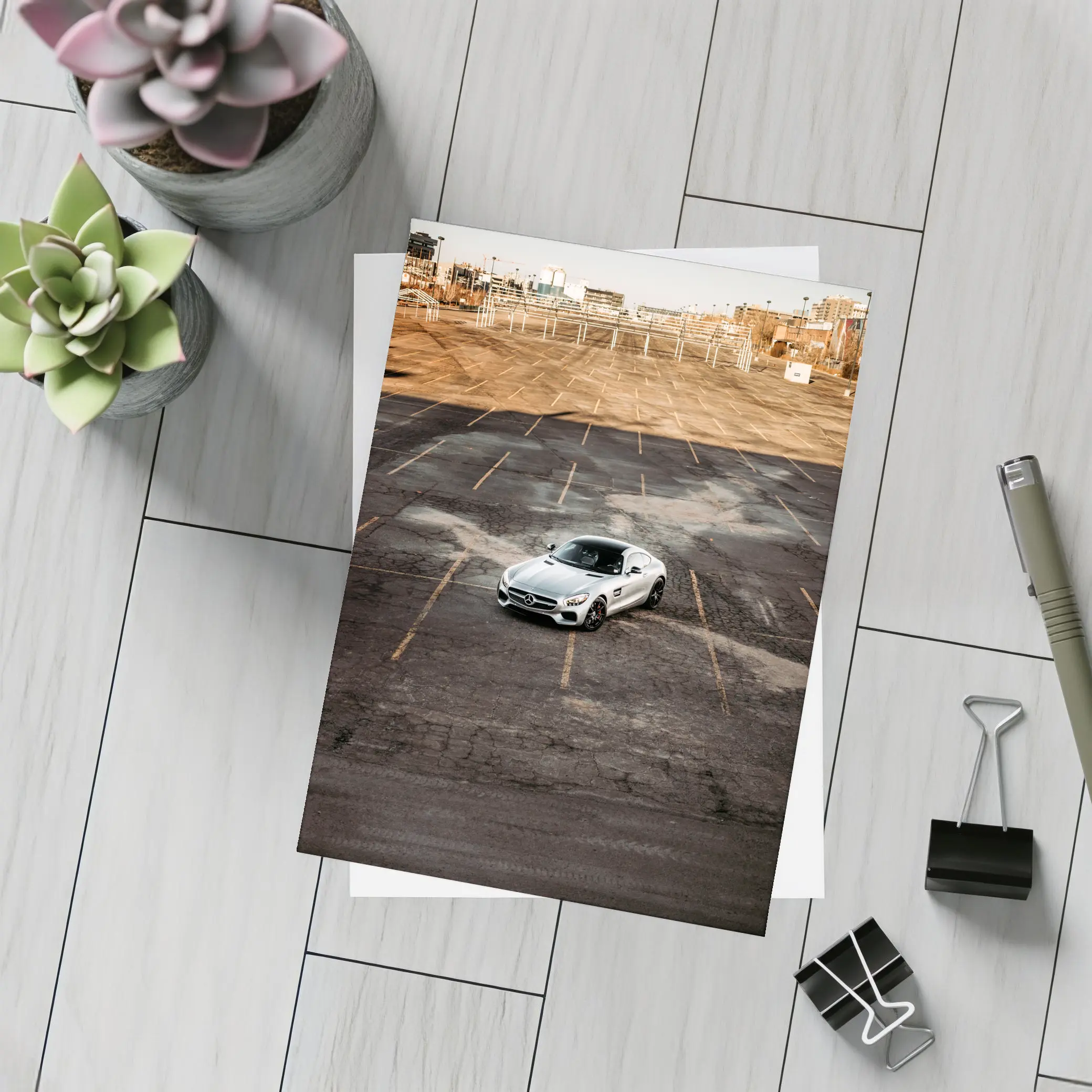 Mercedes AMG GT Silver Empty Parking Lot – Postcards
