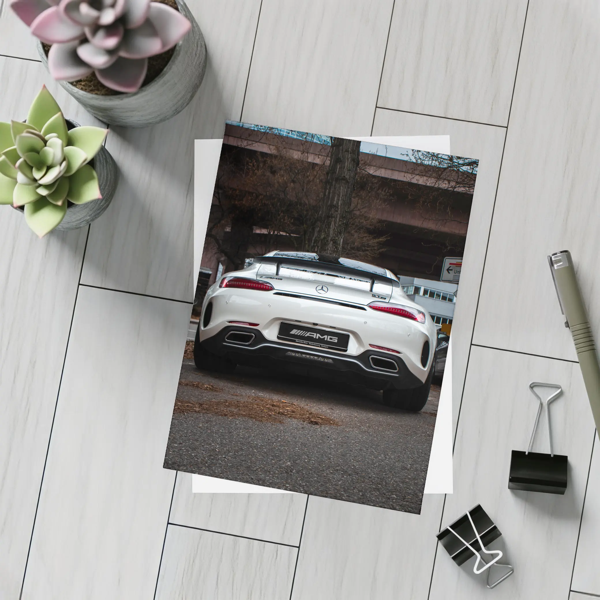 Mercedes AMG GT White Rear Urban Street – Postcards