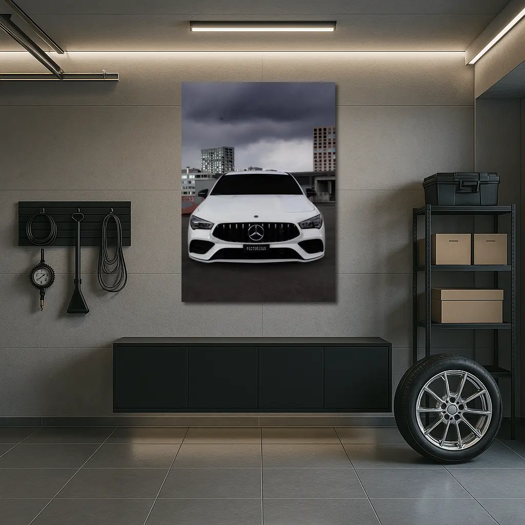 Mercedes AMG White Front View Stormy Sky – Wall Art