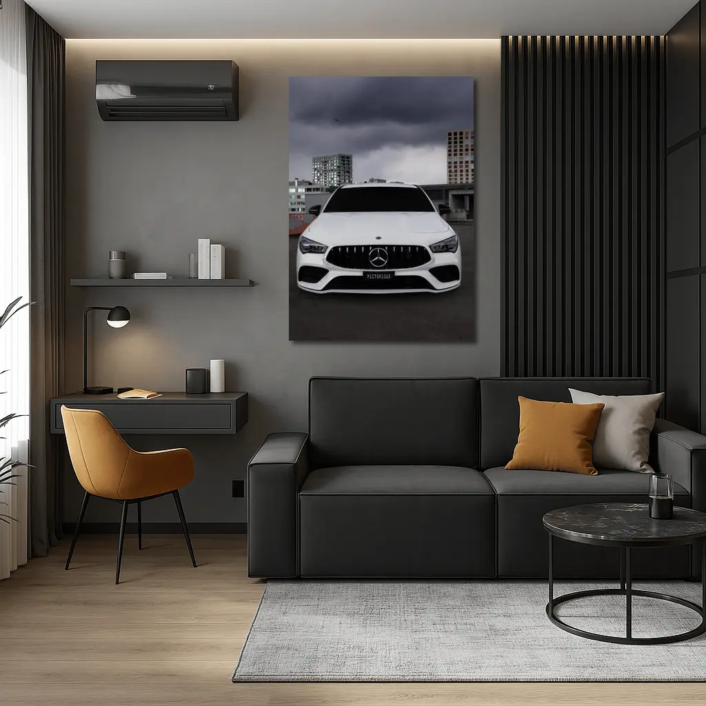 Mercedes AMG White Front View Stormy Sky – Wall Art