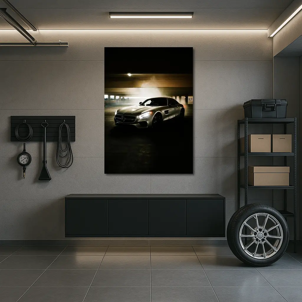 Mercedes AMG GT Silver Parking Garage Night – Wall Art
