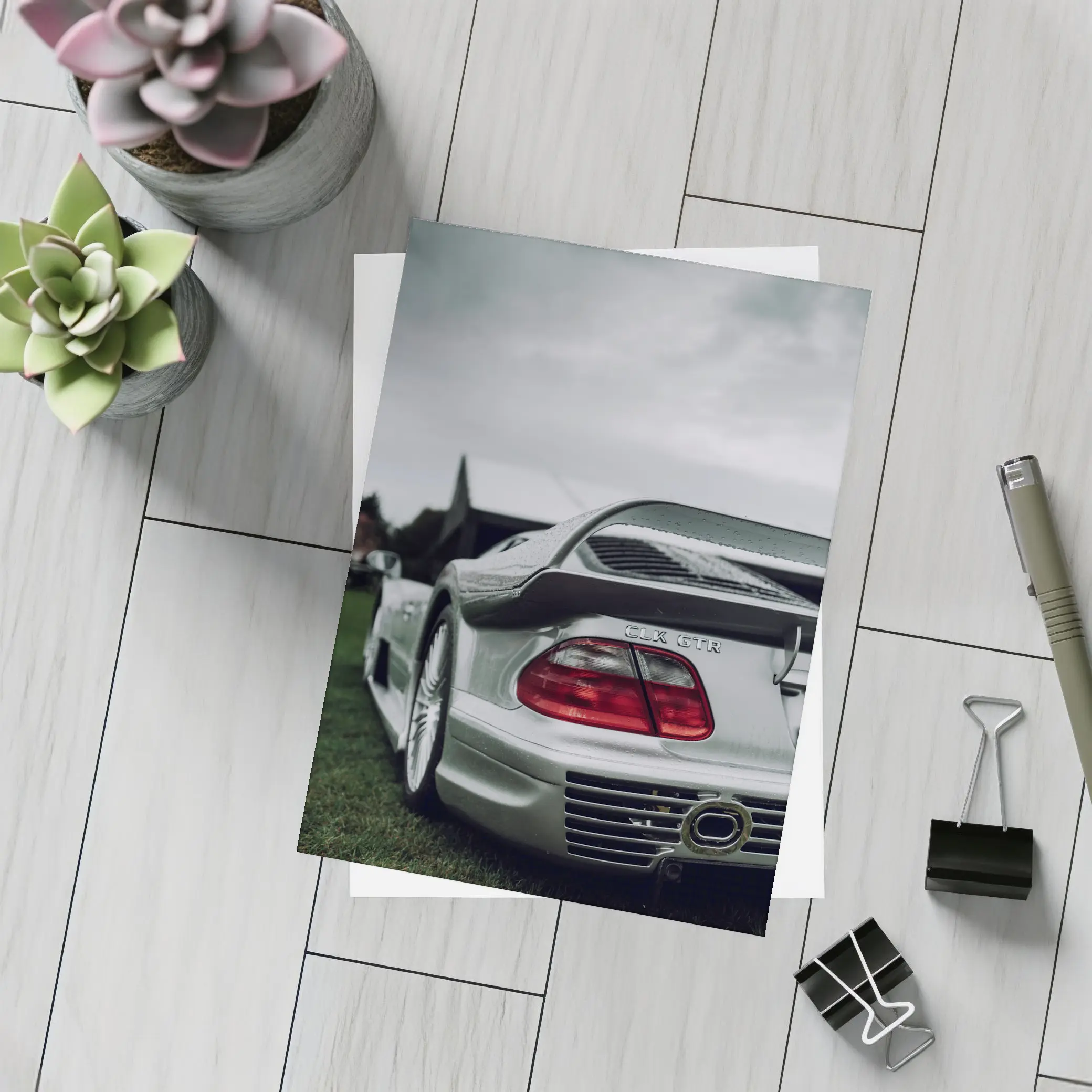 Mercedes CLK GTR Silver Rear Overcast Sky – Postcards