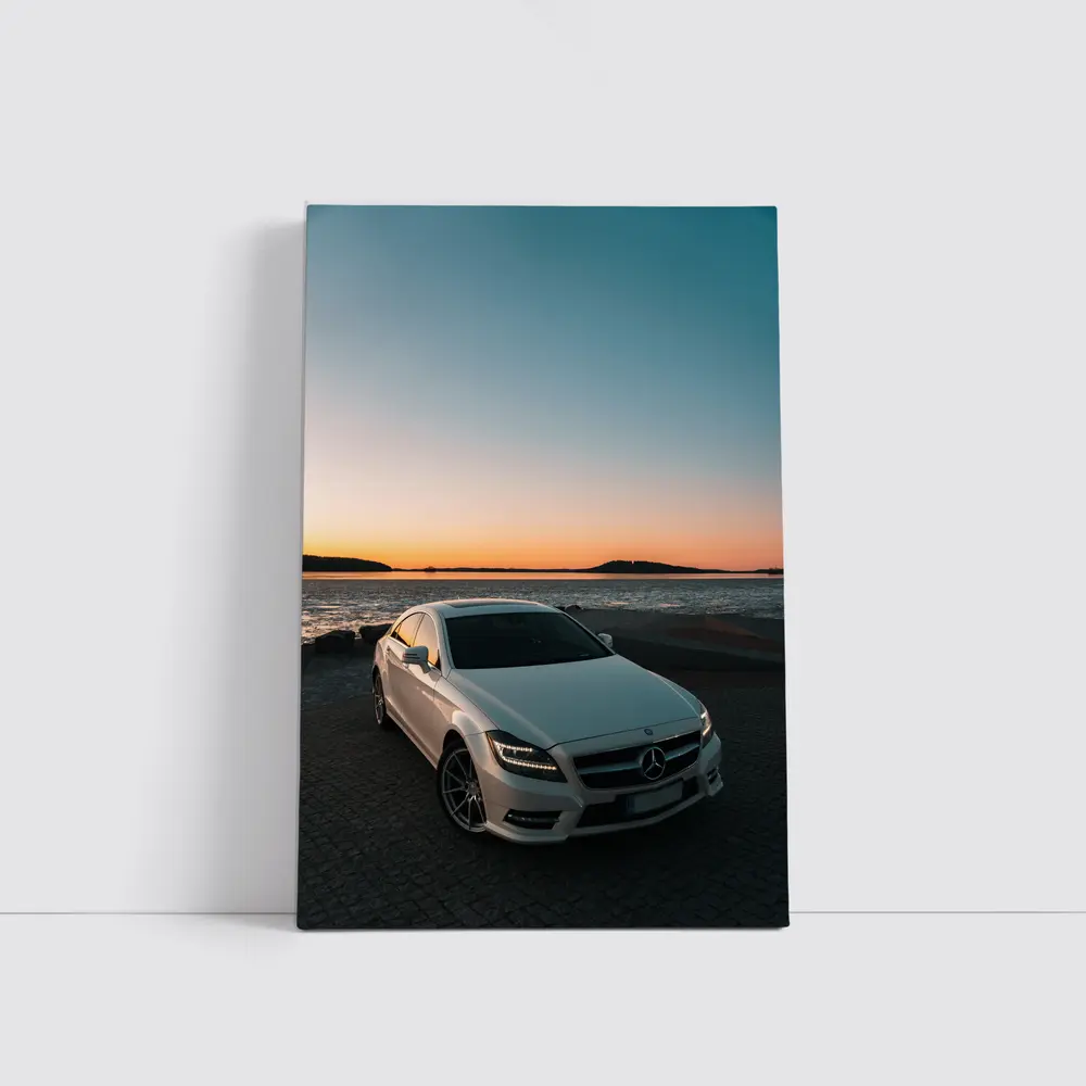 White Mercedes CLS Parked by Sunset Shore – Wall Art