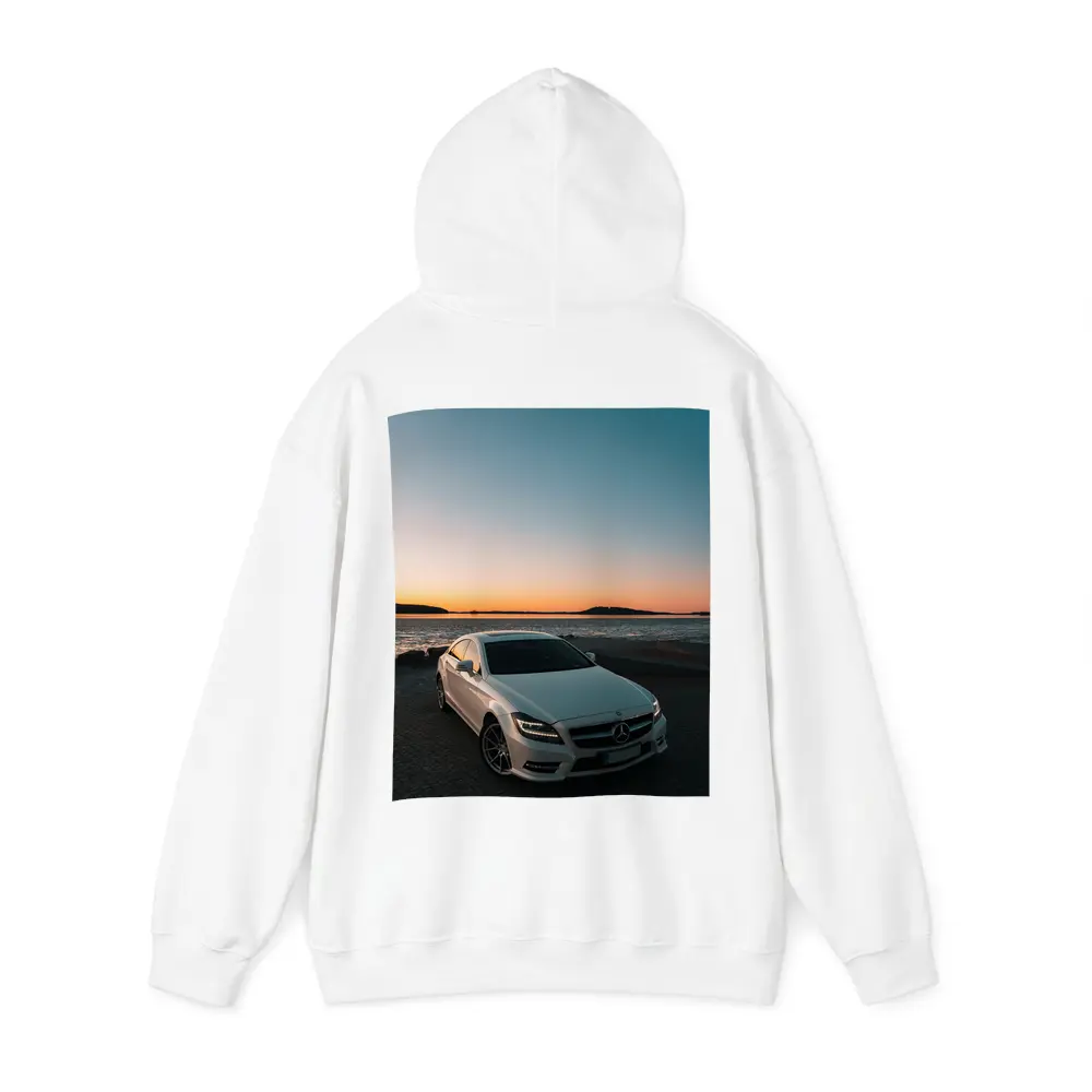 White Mercedes CLS Parked by Sunset Shore – Hoodies