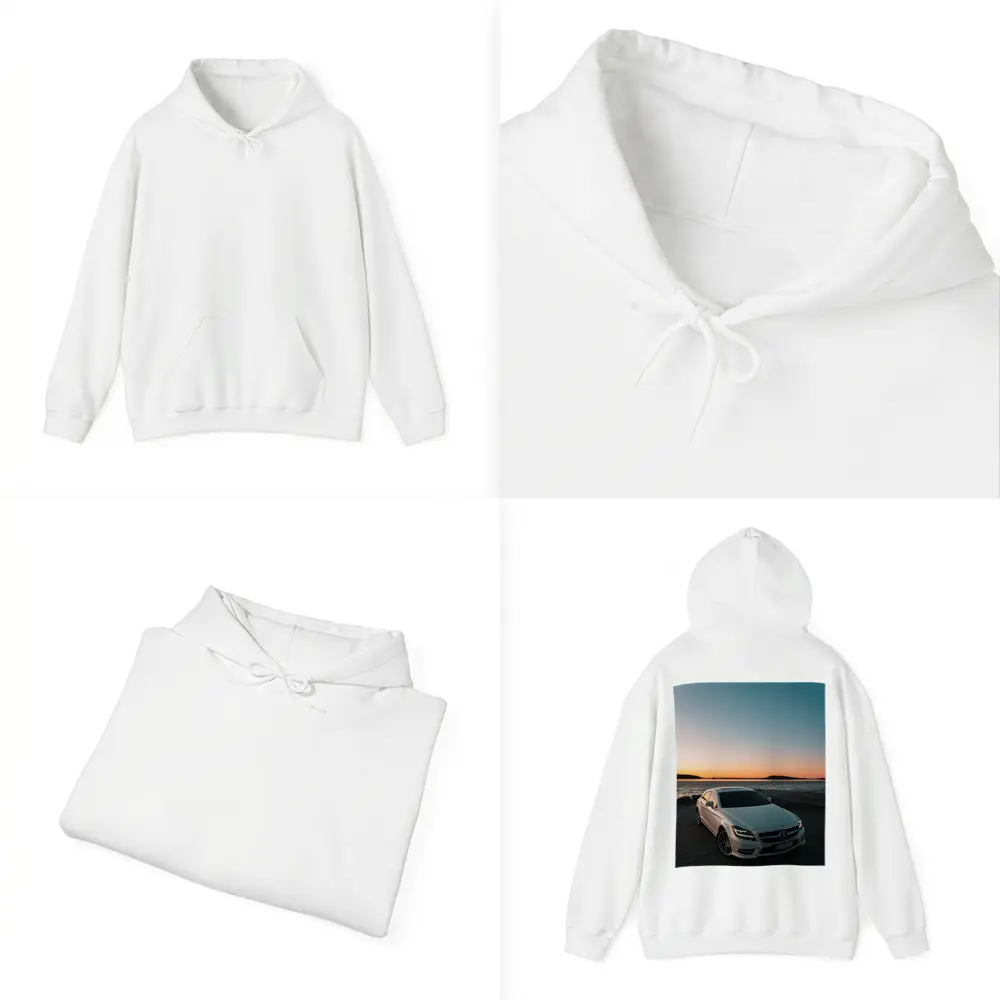 White Mercedes CLS Parked by Sunset Shore – Hoodies