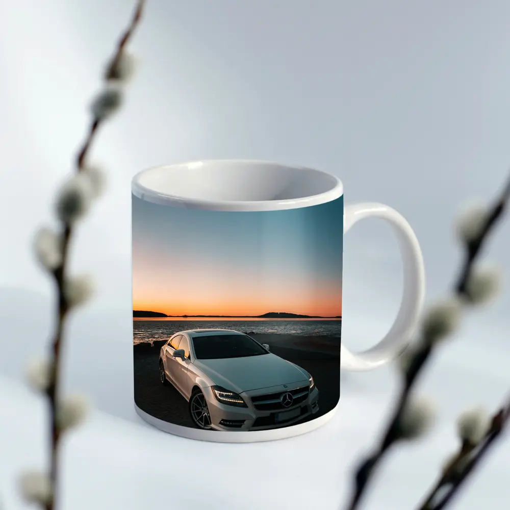 White Mercedes CLS Parked by Sunset Shore – Mugs