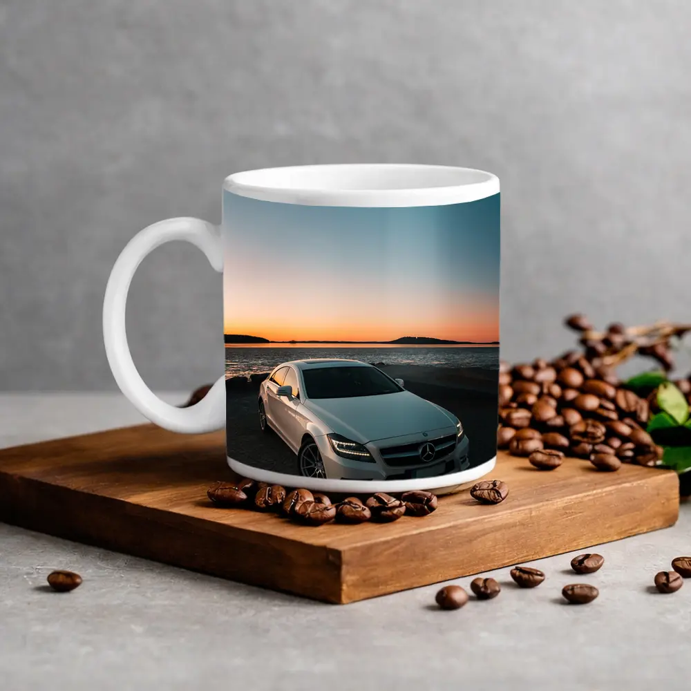 White Mercedes CLS Parked by Sunset Shore – Mugs