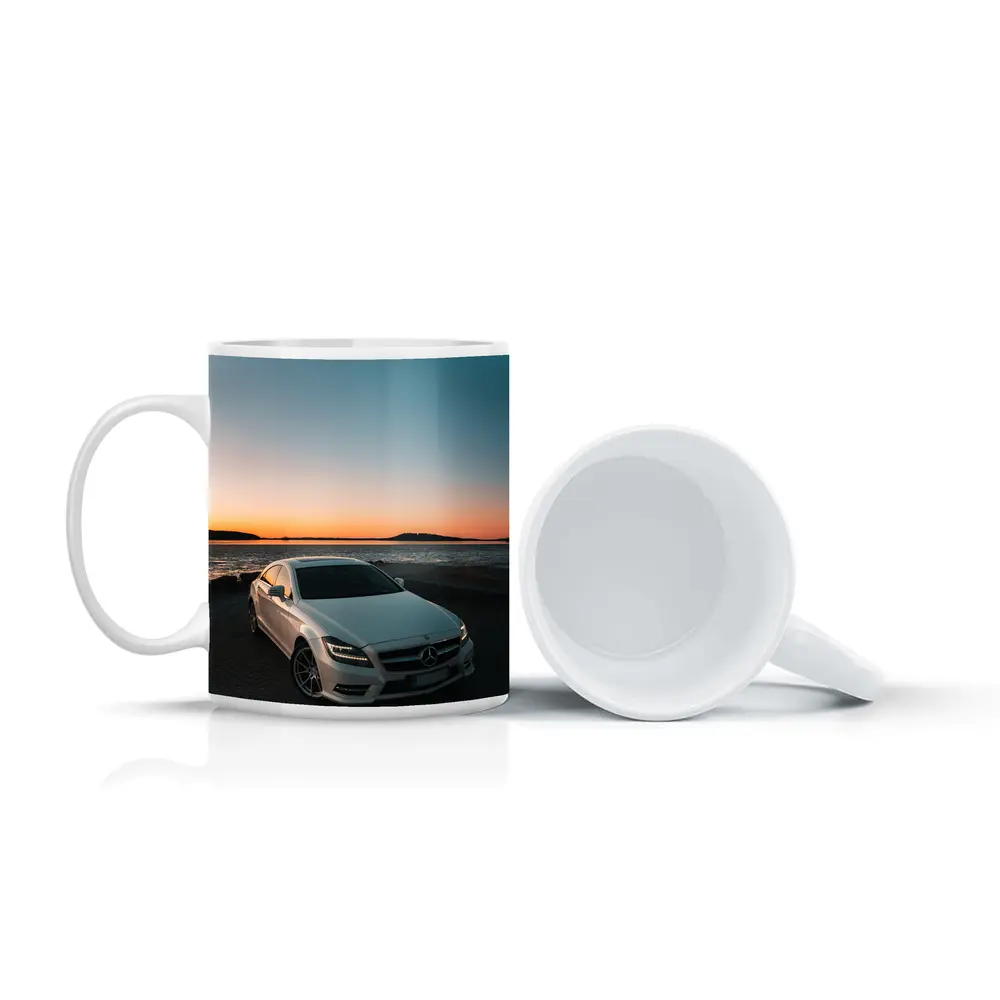 White Mercedes CLS Parked by Sunset Shore – Mugs