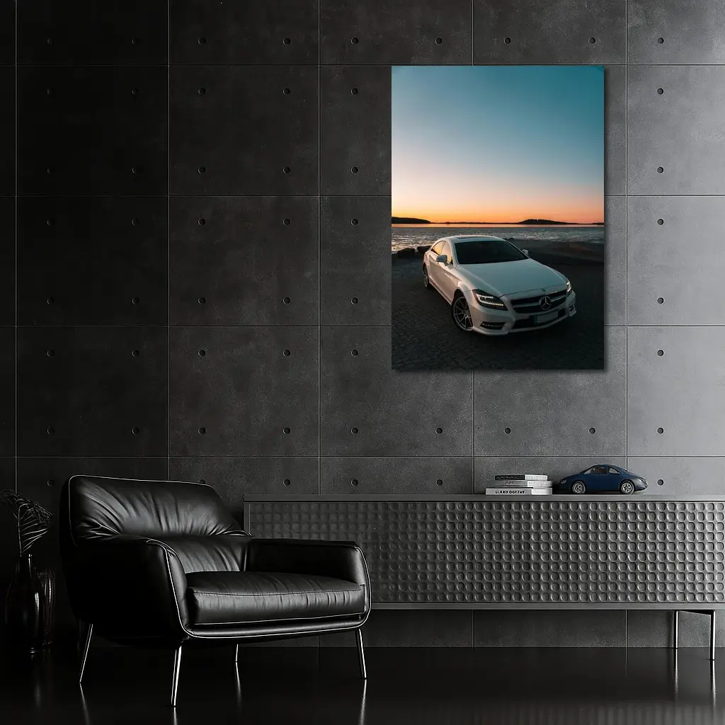 White Mercedes CLS Parked by Sunset Shore – Wall Art