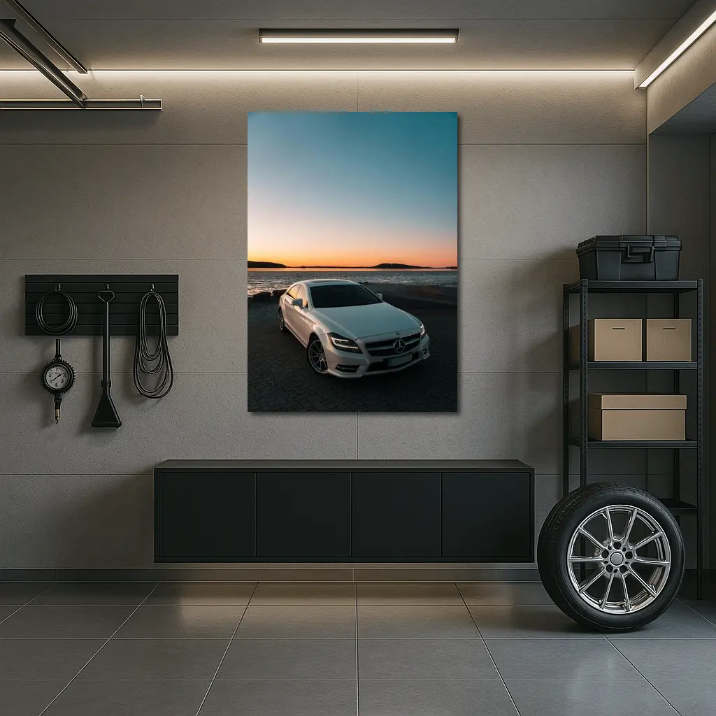 White Mercedes CLS Parked by Sunset Shore – Wall Art