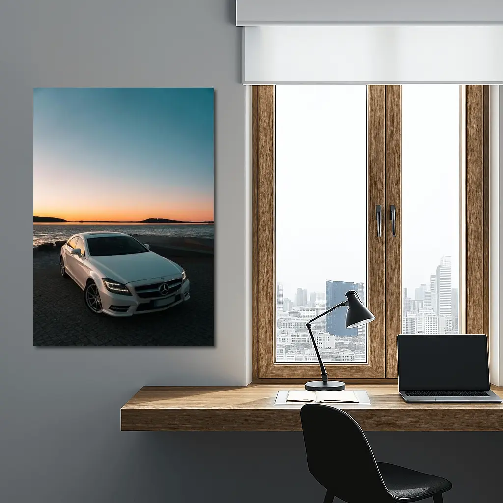 White Mercedes CLS Parked by Sunset Shore – Wall Art