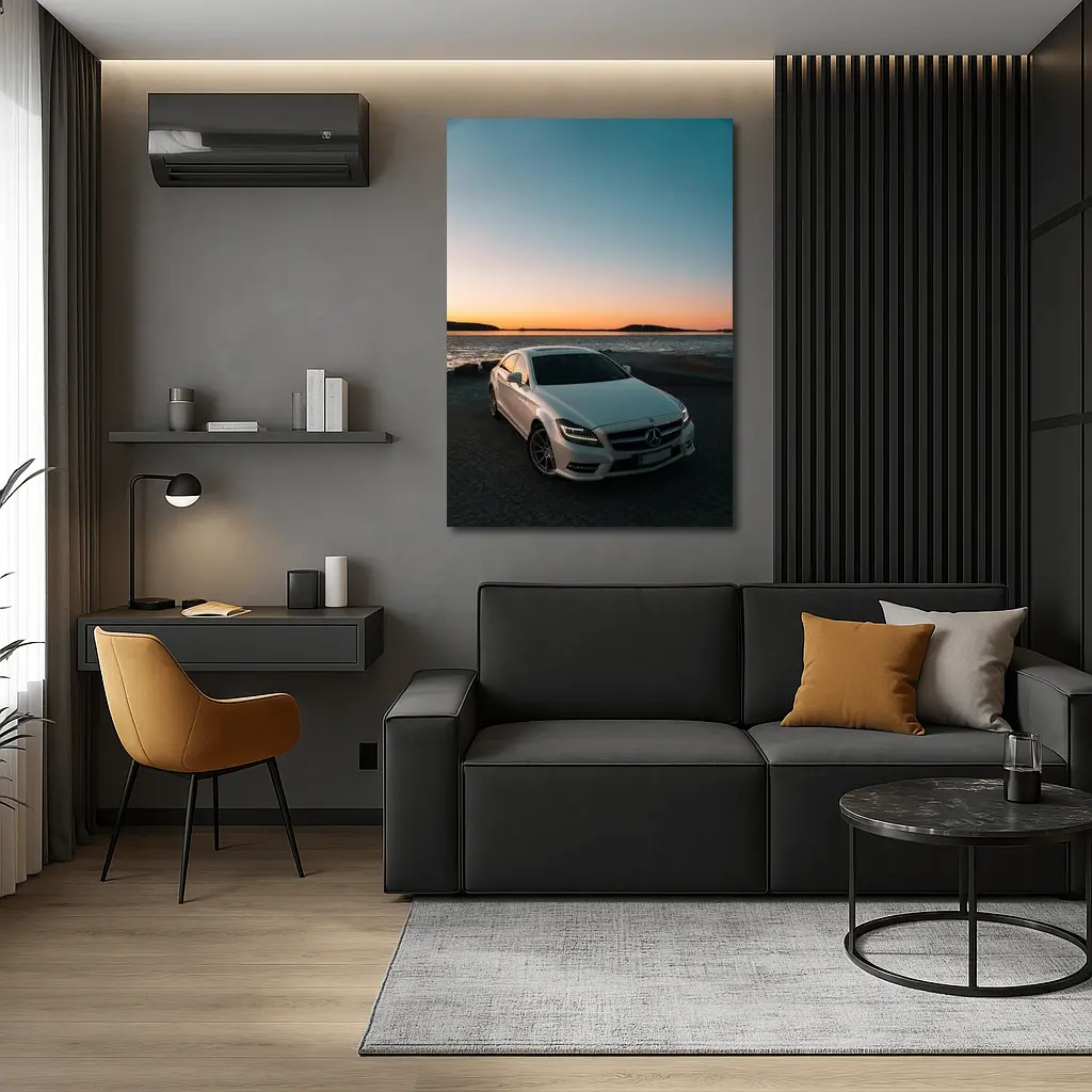 White Mercedes CLS Parked by Sunset Shore – Wall Art