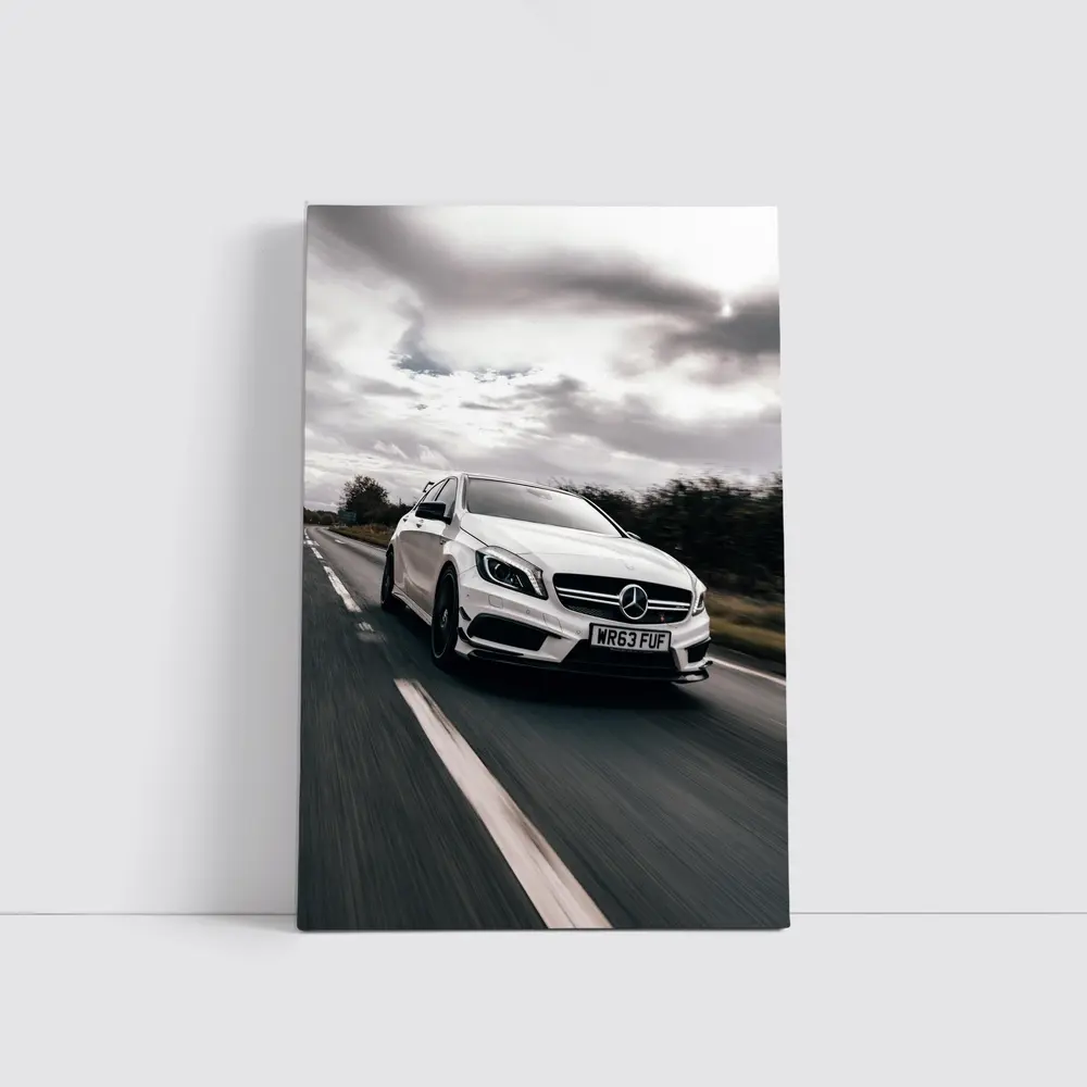Mercedes AMG White Hatchback On Open Road – Wall Art