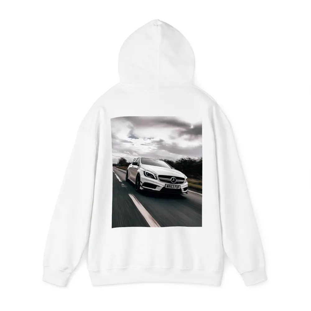 Mercedes AMG White Hatchback On Open Road – Hoodies