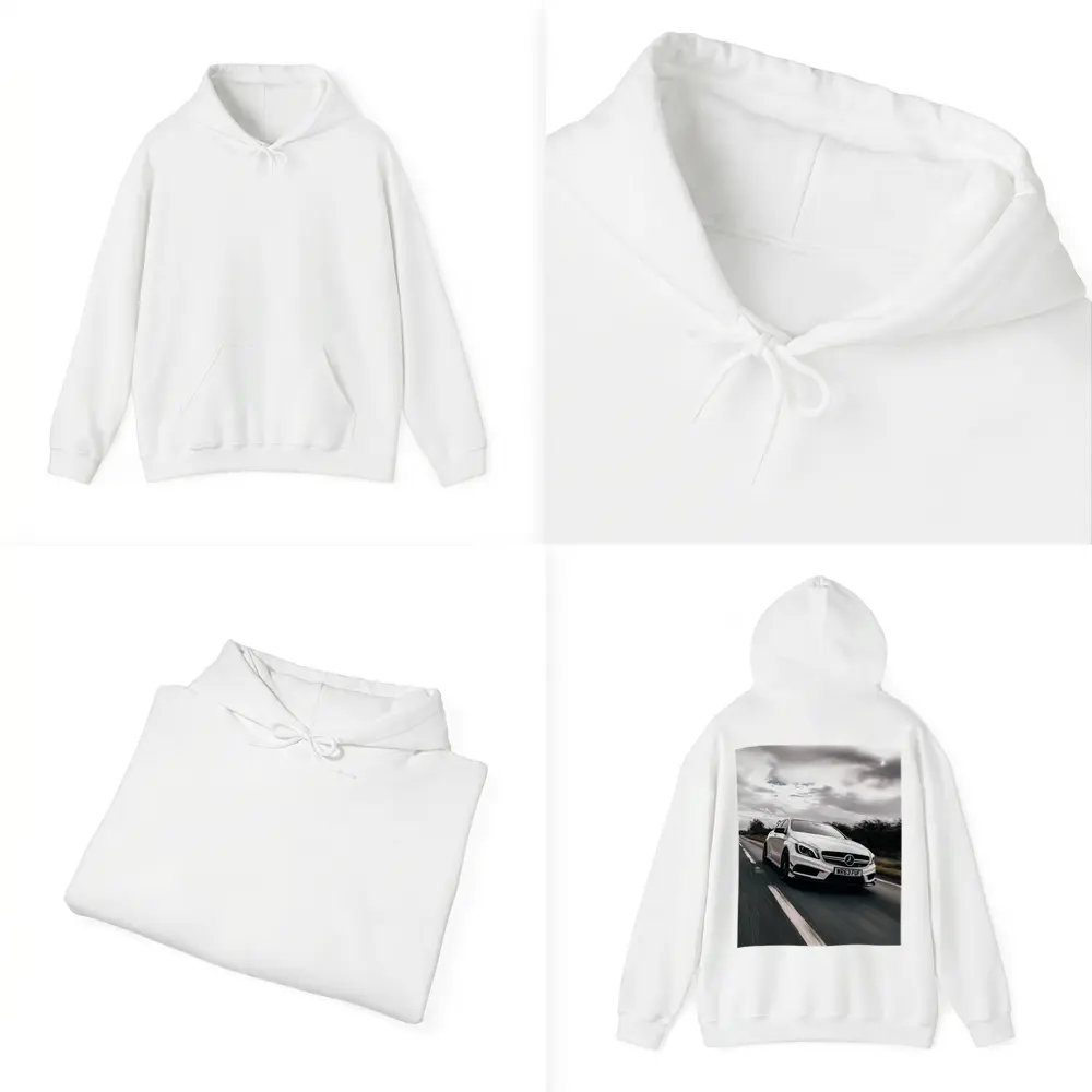 Mercedes AMG White Hatchback On Open Road – Hoodies