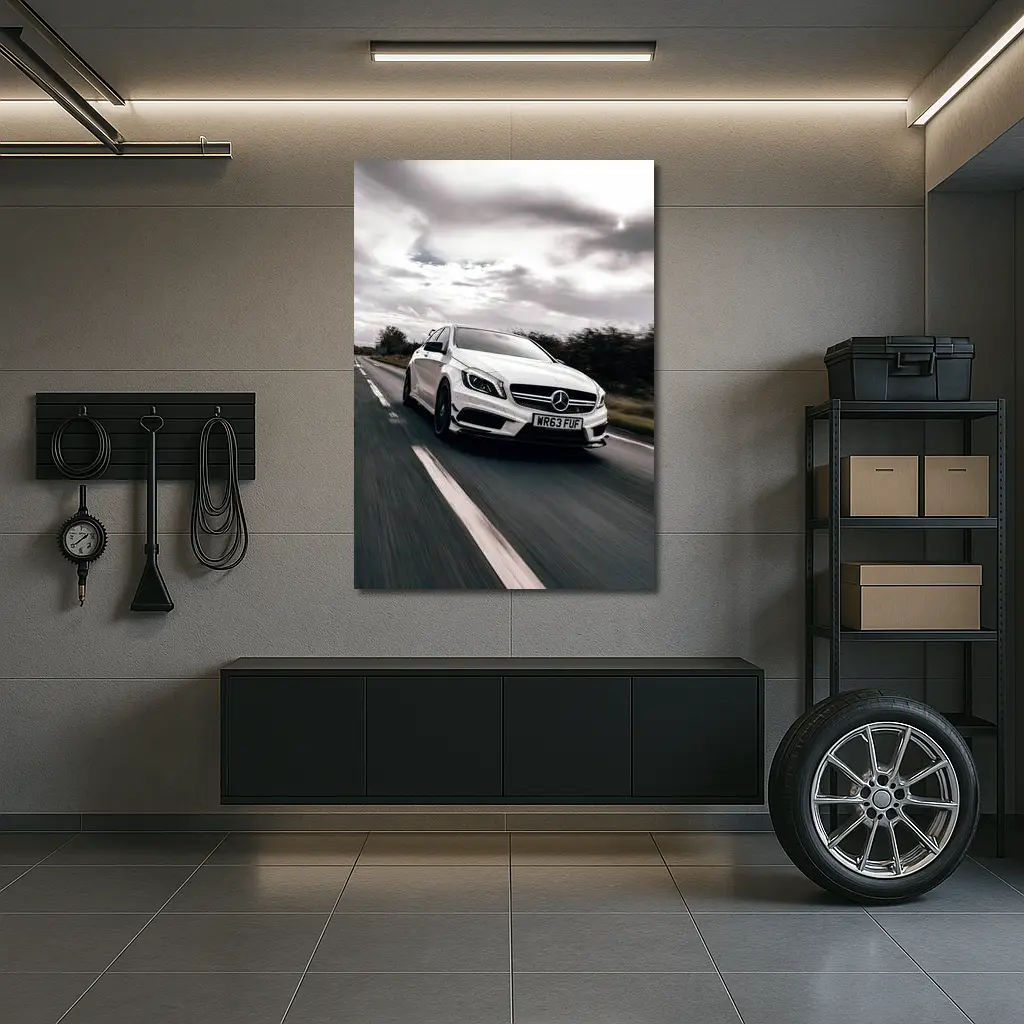 Mercedes AMG White Hatchback On Open Road – Wall Art