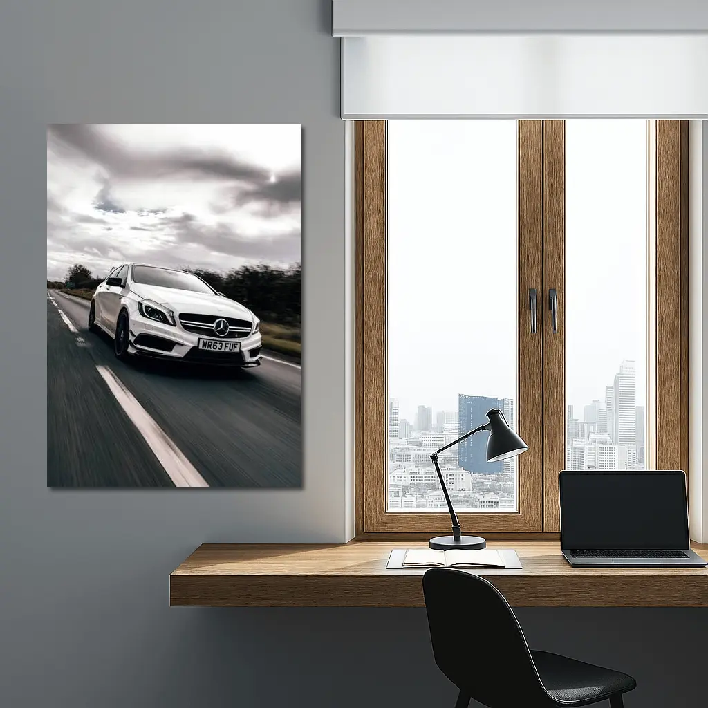 Mercedes AMG White Hatchback On Open Road – Wall Art