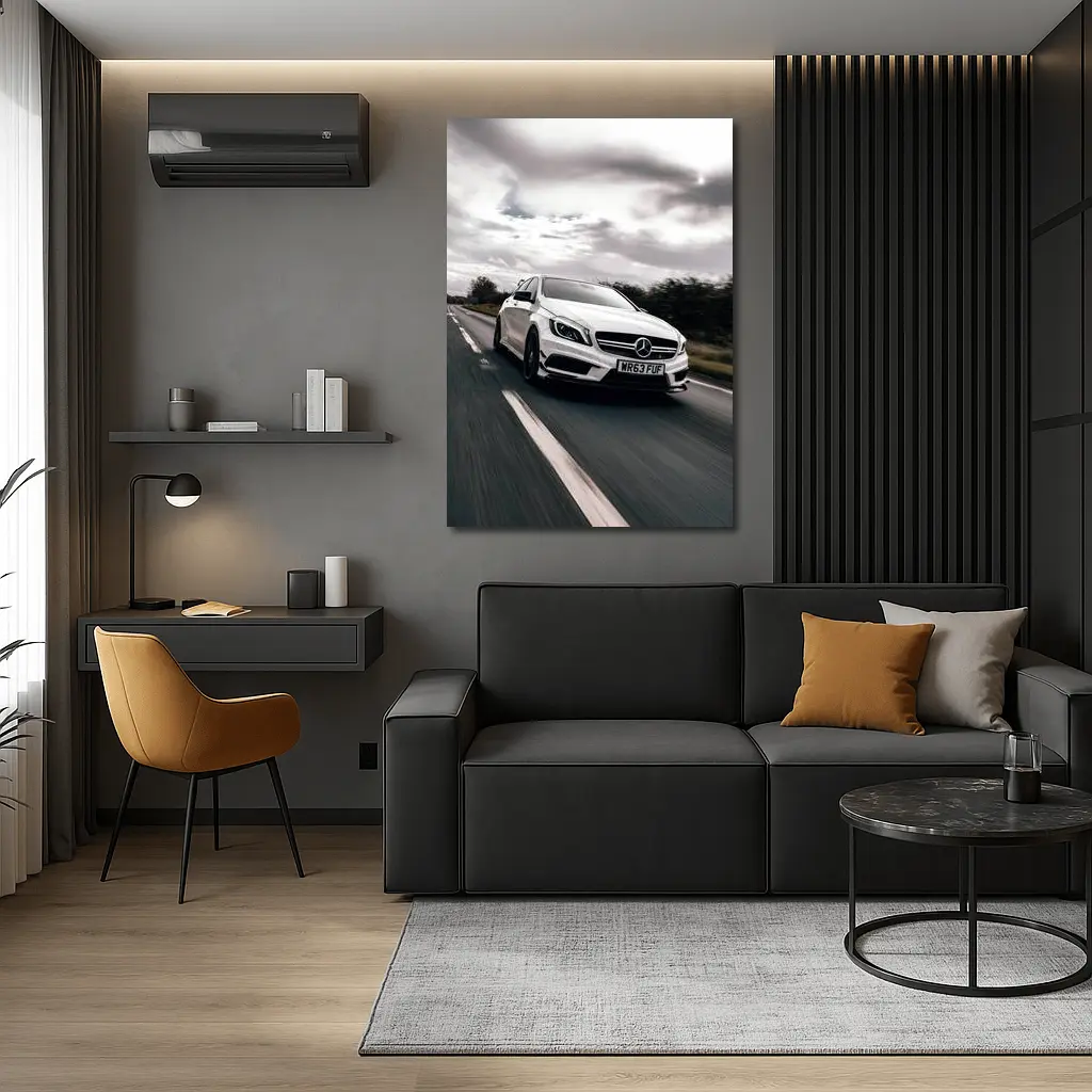 Mercedes AMG White Hatchback On Open Road – Wall Art