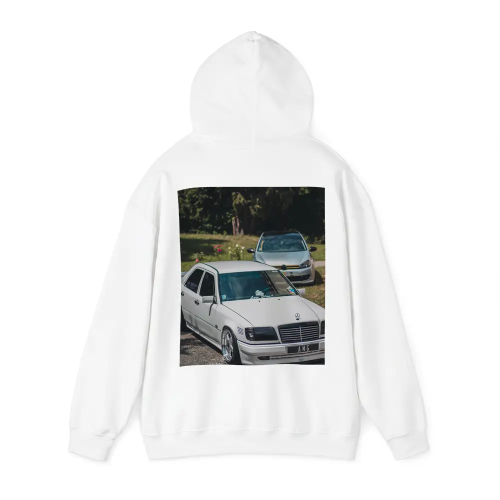 Mercedes AMG Slammed White Sedan Outdoors – Hoodies