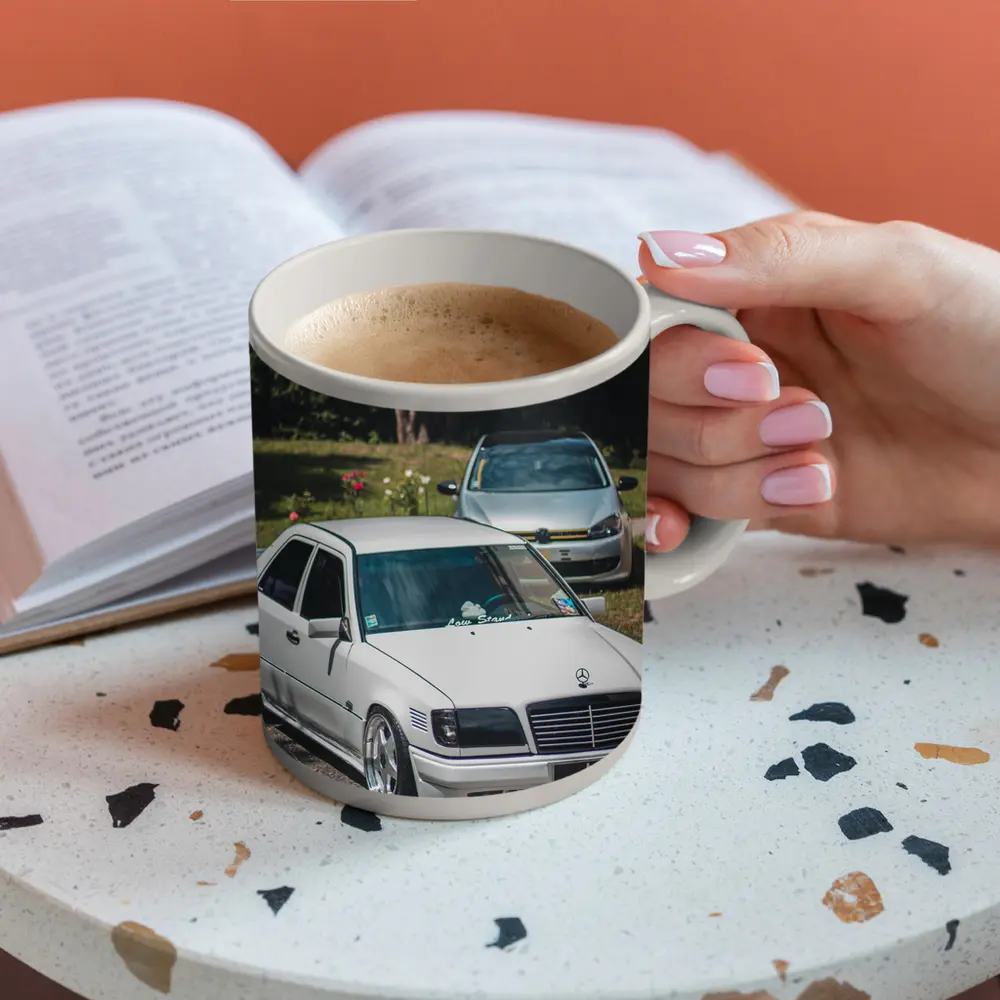 Mercedes AMG Slammed White Sedan Outdoors – Mugs