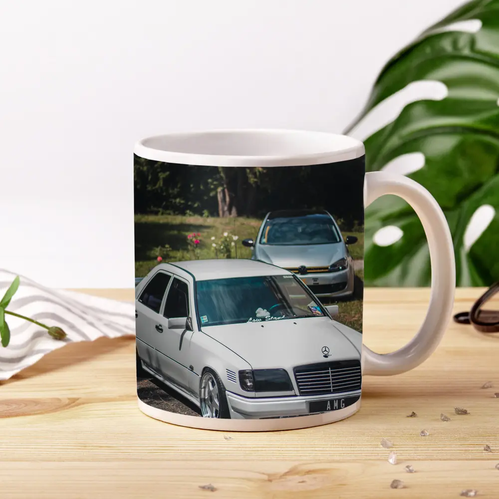 Mercedes AMG Slammed White Sedan Outdoors – Mugs