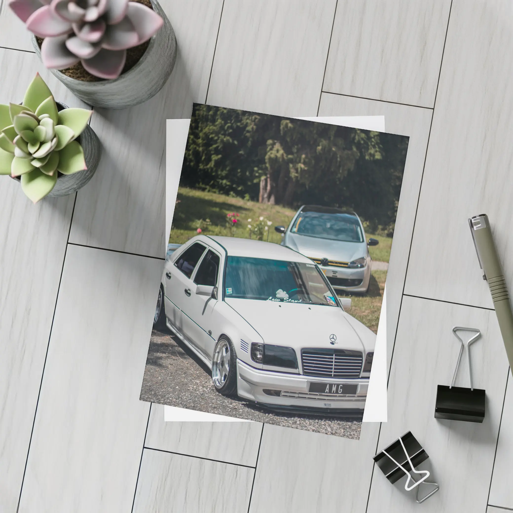 Mercedes AMG Slammed White Sedan Outdoors – Postcards