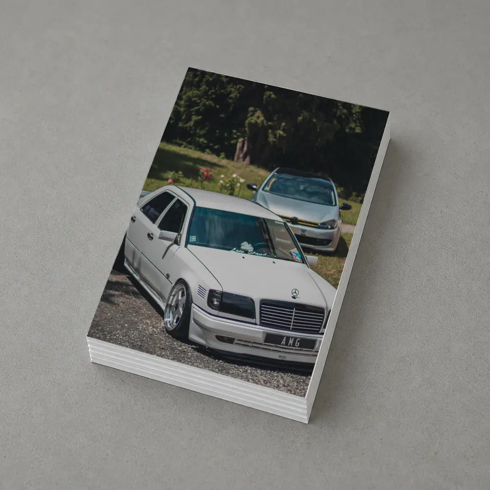 Mercedes AMG Slammed White Sedan Outdoors – Postcards