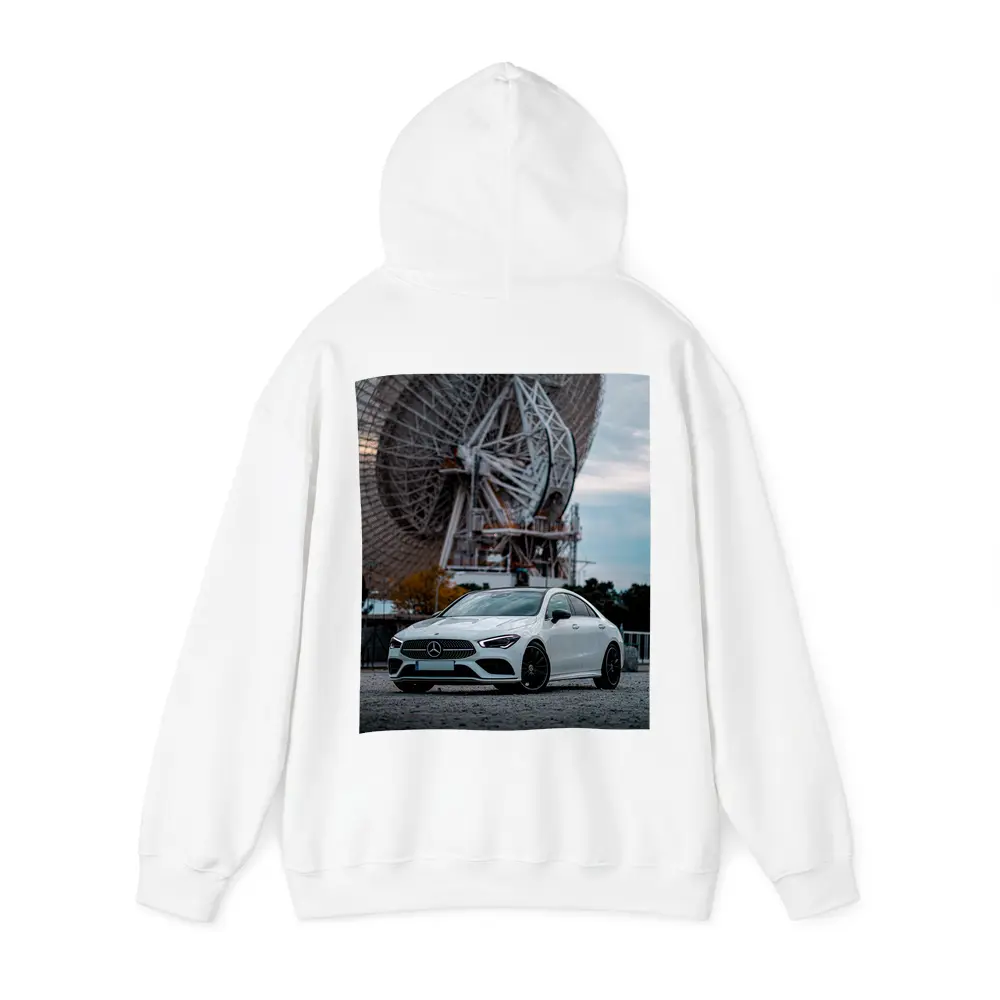 White Mercedes CLA Parked Near Radio Telescope – Hoodies