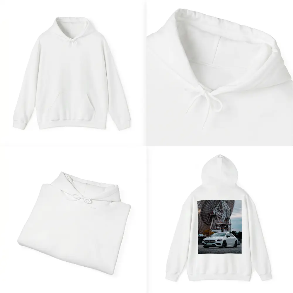 White Mercedes CLA Parked Near Radio Telescope – Hoodies