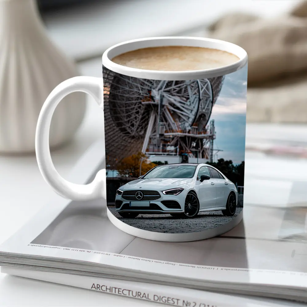 White Mercedes CLA Parked Near Radio Telescope – Mugs