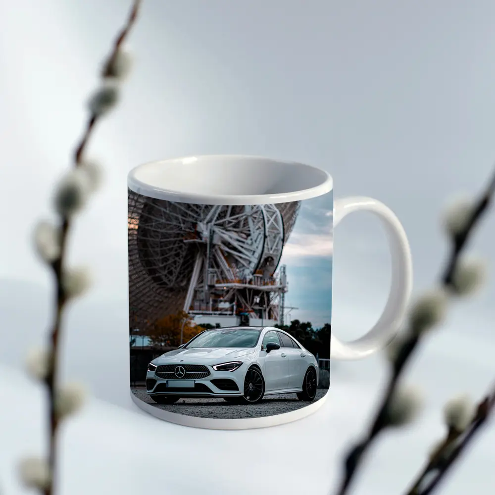 White Mercedes CLA Parked Near Radio Telescope – Mugs