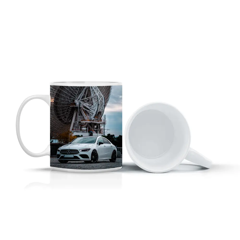 White Mercedes CLA Parked Near Radio Telescope – Mugs