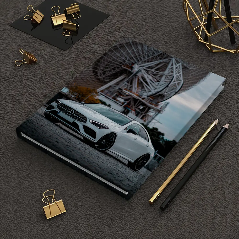 White Mercedes CLA Parked Near Radio Telescope – Notebooks