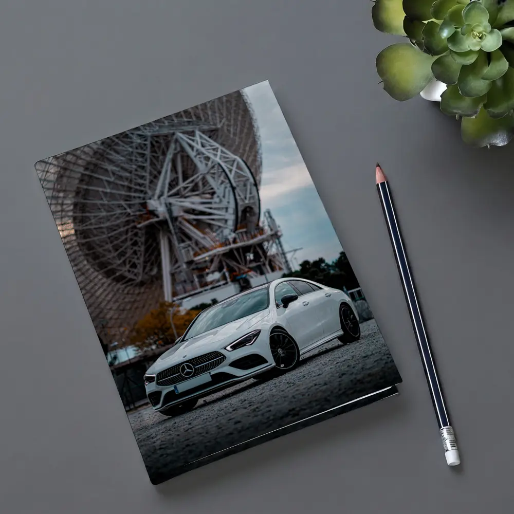 White Mercedes CLA Parked Near Radio Telescope – Notebooks
