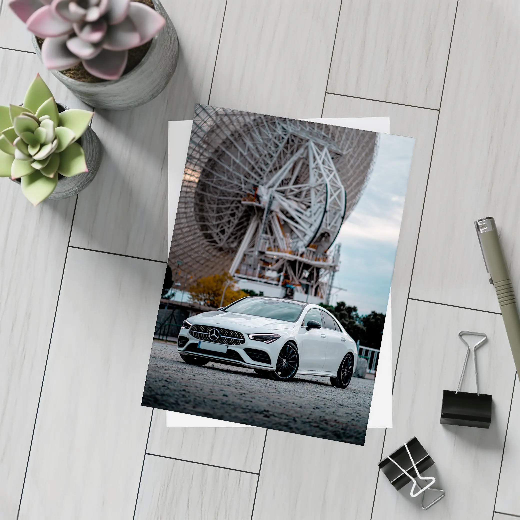 White Mercedes CLA Parked Near Radio Telescope – Postcards