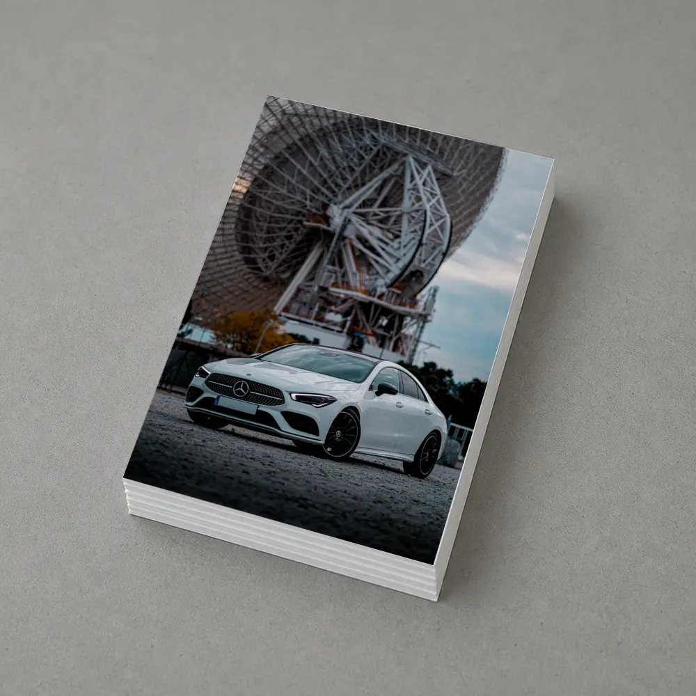 White Mercedes CLA Parked Near Radio Telescope – Postcards