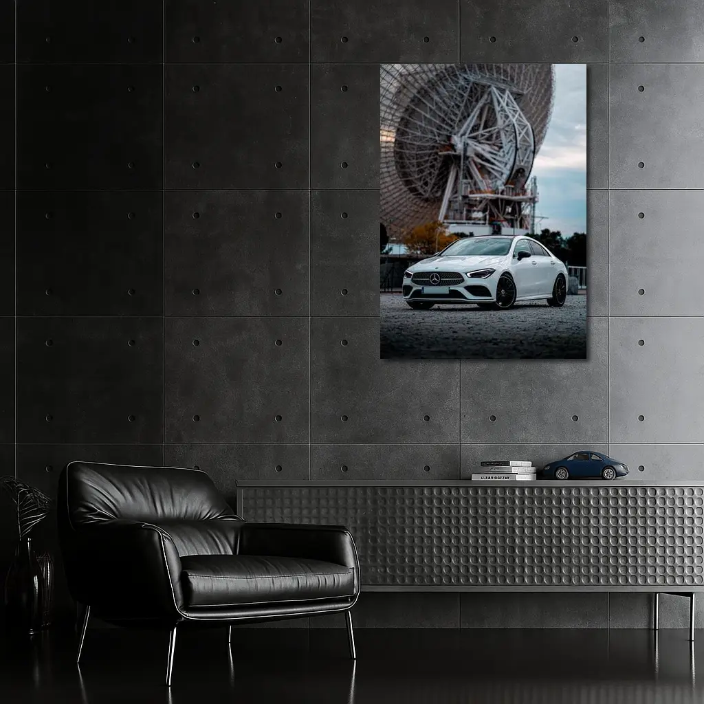 White Mercedes CLA Parked Near Radio Telescope – Wall Art