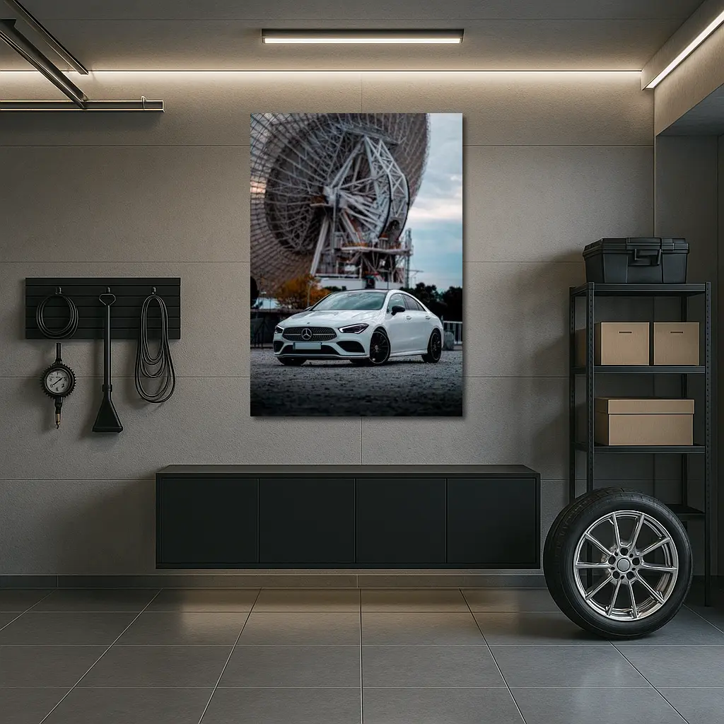 White Mercedes CLA Parked Near Radio Telescope – Wall Art