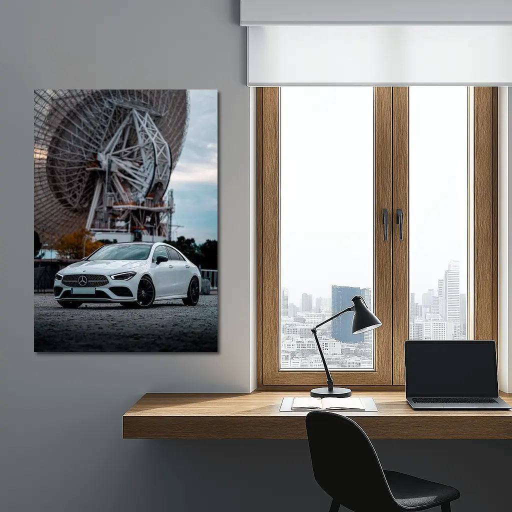 White Mercedes CLA Parked Near Radio Telescope – Wall Art
