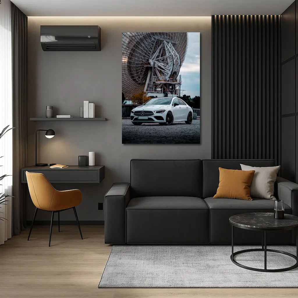 White Mercedes CLA Parked Near Radio Telescope – Wall Art